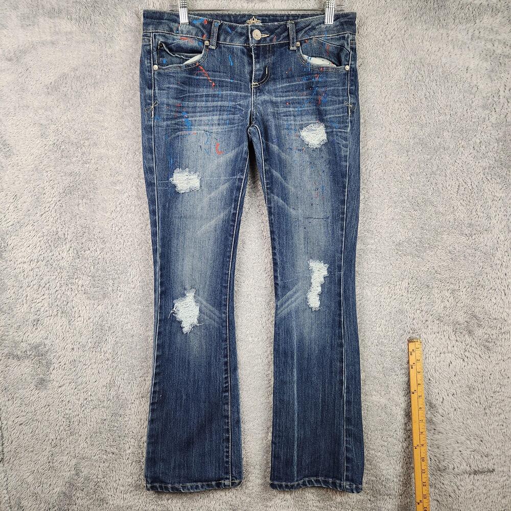 Almost Famous Jeans Juniors 9 Blue Low Rise t Distressed Paint Splatter Bootcut